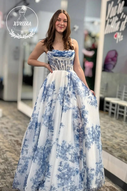 Blue Scoop Neck A-Line Floral Printed Long Prom Dress, PD25846