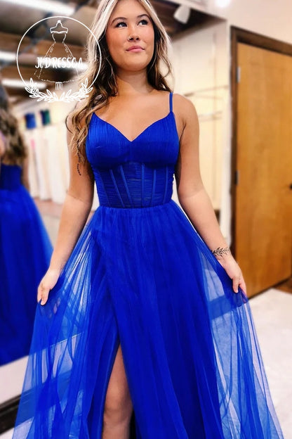 Royal Blue V-Neck Sheer Bodice A-Line Long Prom Dress with Slit, PD25916