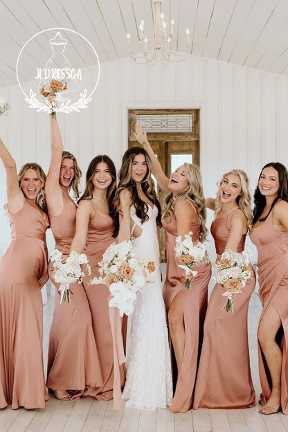 Stunning Long Sheath Blush Pink Silk Satin Bridesmaid Dress, BD25006