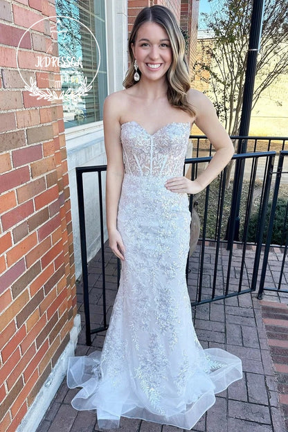 White Strapless Sequin Lace Long Formal Dress with Balloon Sleeves, PD25876