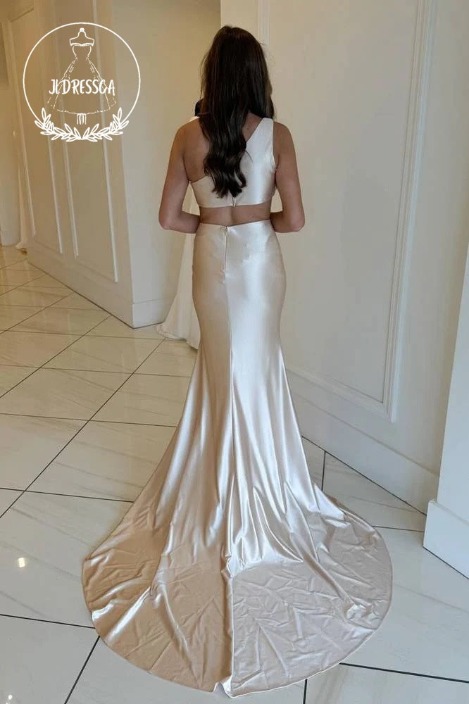 Champagne One-Shoulder Mermaid Satin Long Prom Dress Champagne / 14 Champagne One-Shoulder Mermaid Satin Long Prom Dress Champagne / 14