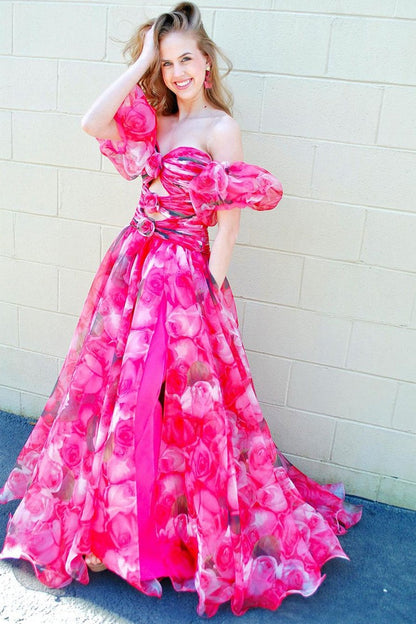 Strapless Floral Printed Long Prom Dress with Pockets, PD25111