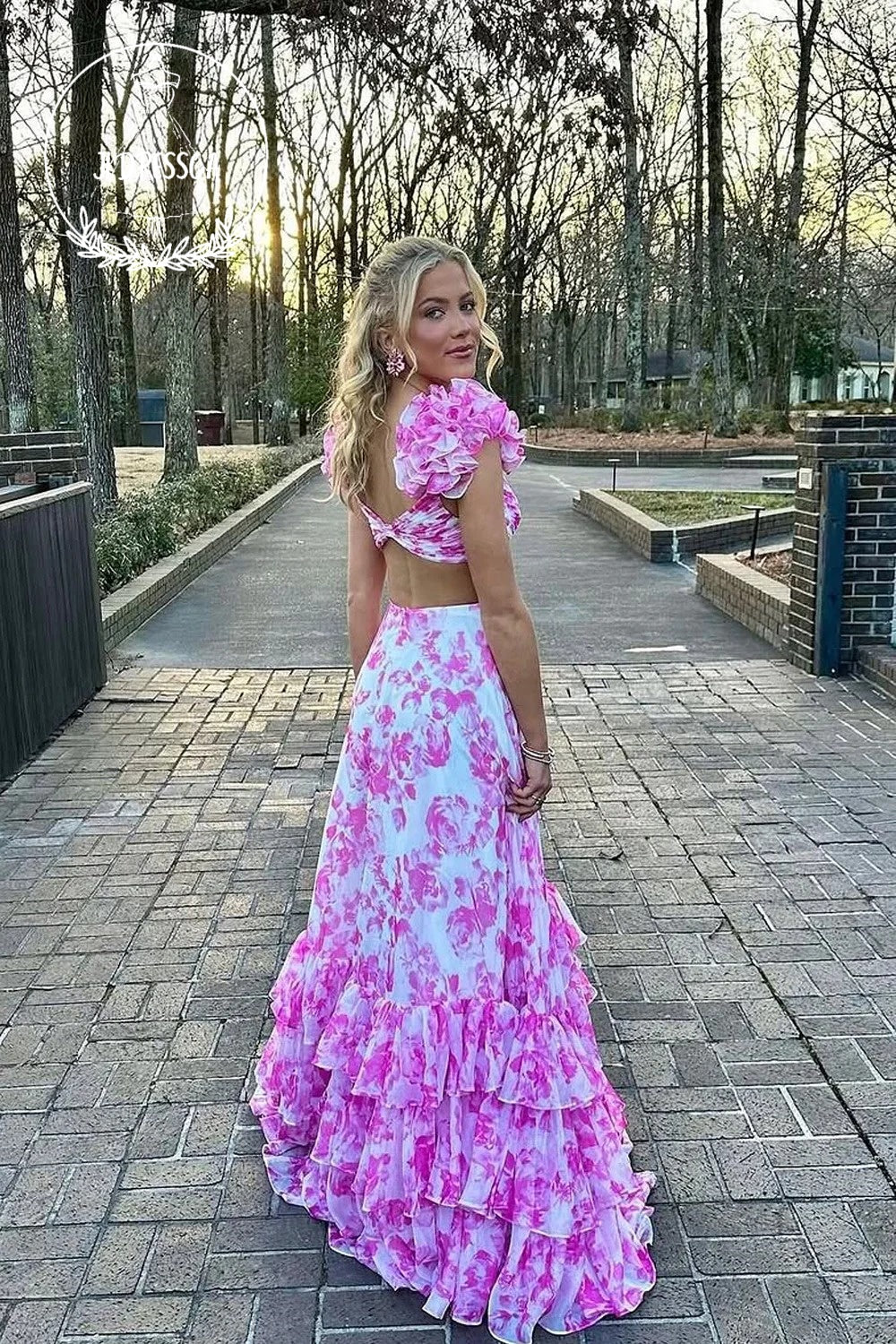Pink V Neck A-Line Floral Printed Long Prom Dress with Ruffle Slit, PD25847