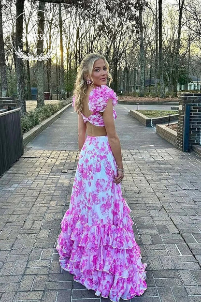 Pink V Neck A-Line Floral Printed Long Prom Dress with Ruffle Slit, PD25847