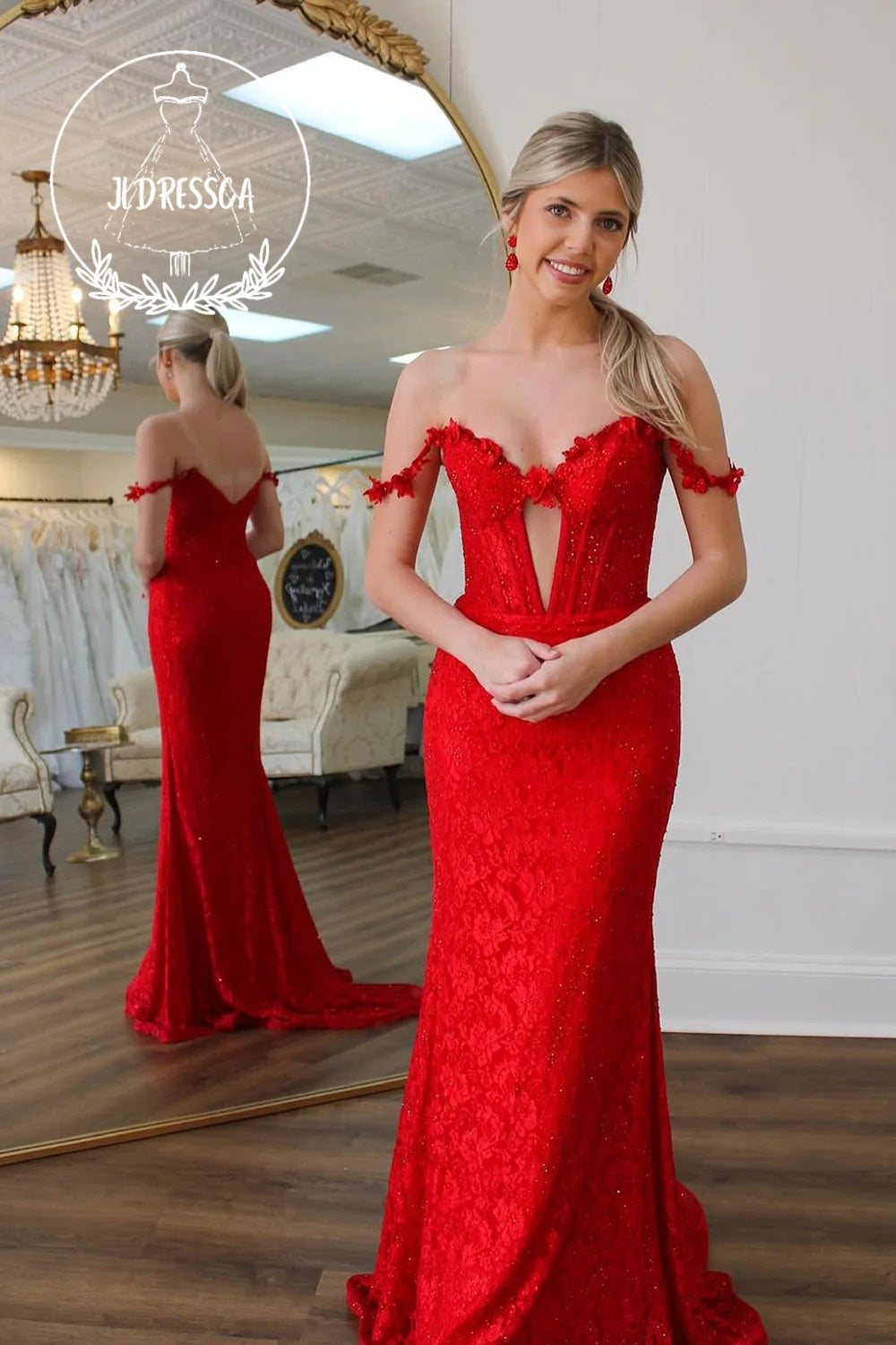 Red Off the Shoulder Mermaid Lace Long Prom Dress with Beads, PD25907