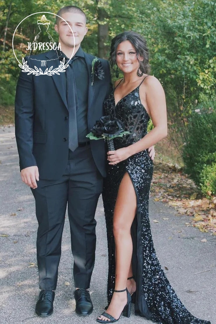 Black Sparkly Mermaid Long Mirror Prom Dress With Slit, PD25917