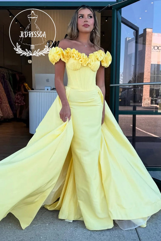 Mermaid Long Off the Shoulder Yellow Satin Prom Dresses, PD25937