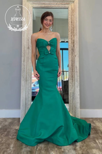 Green Strapless Mermaid Satin Keyhole Long Prom Dress, PD25867