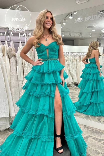 Green Strapless A-Line Ruffle Tiered Long Prom Dress with Slit, PD25837