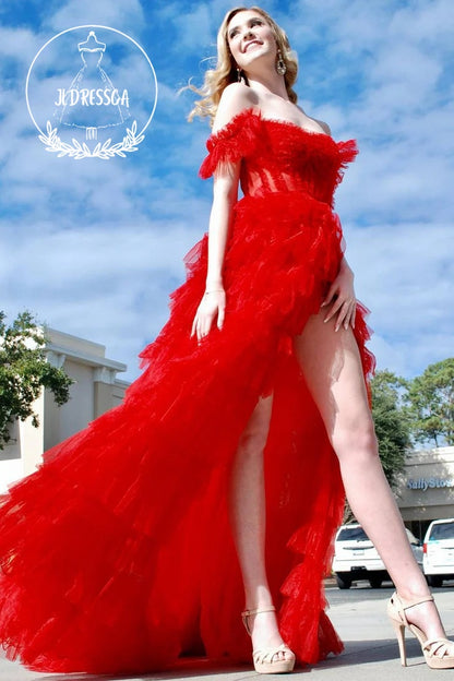 Red Off the Shoulder Ruffle Layered Tulle Prom Dress with Slit, PD25857