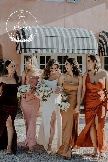 Stylish Long Mermaid Cowl Neck Silk Satin Bridesmaid Dress, BD25007