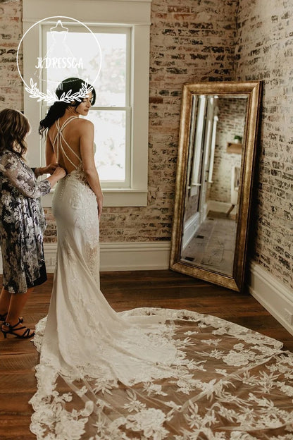 Stunning Long Mermaid Satin Wedding Dresses with V - Neck and Appliques, WD25017