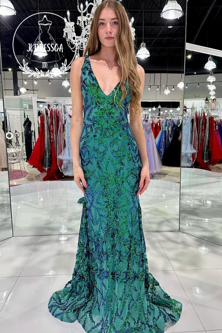 Dark Green Long Sequin Lace Prom Dresses with Deep V Neck, PD25947