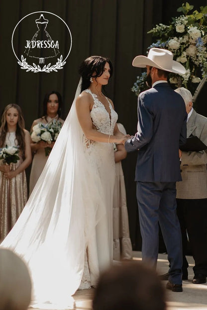 Stunning Long Mermaid Satin Wedding Dresses with V - Neck and Appliques, WD25017