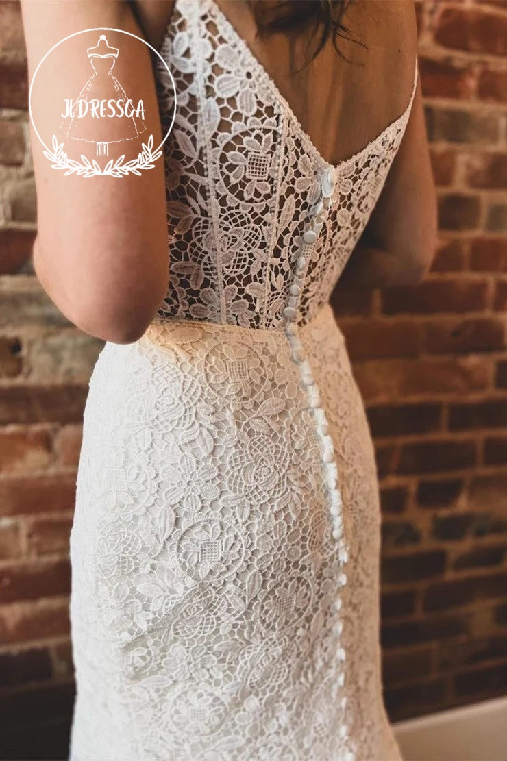 Off White Sweetheart Trumpet Long Lace Wedding Dress, WD25037