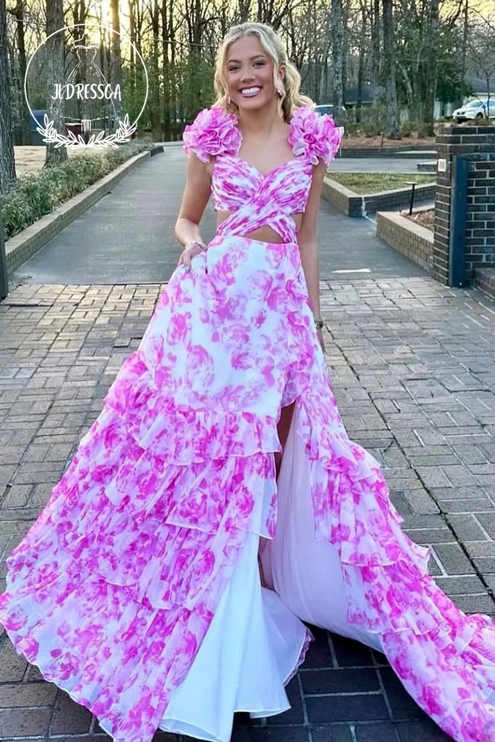 Pink V Neck A-Line Floral Printed Long Prom Dress with Ruffle Slit, PD25847