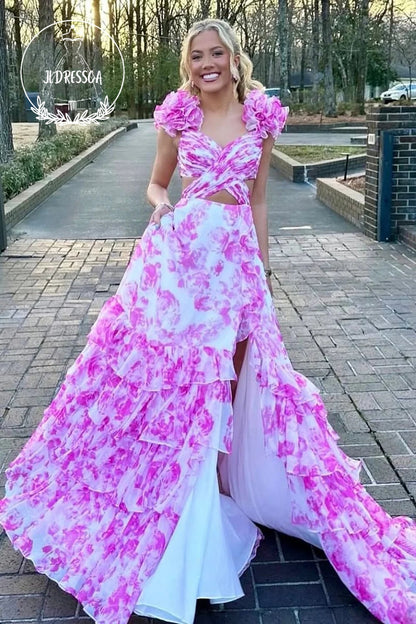 Pink V Neck A-Line Floral Printed Long Prom Dress with Ruffle Slit, PD25847