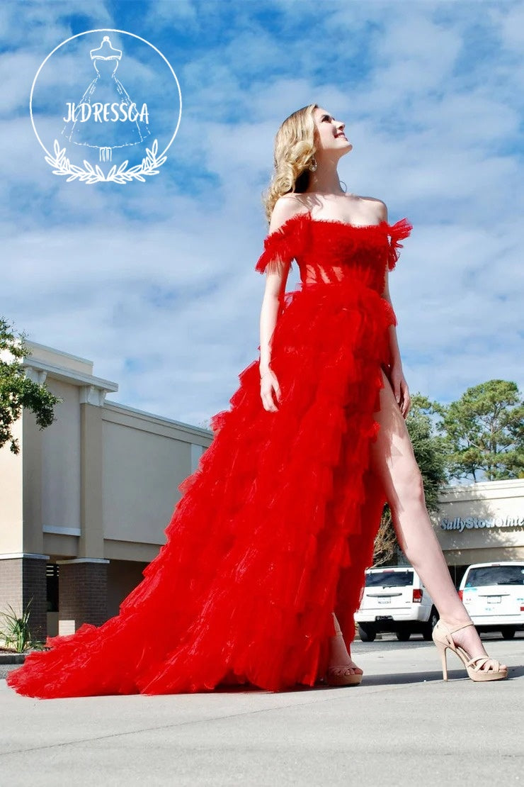 Red Off the Shoulder Ruffle Layered Tulle Prom Dress with Slit, PD25857