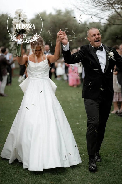 White A-Line Scoop Neck Satin Wedding Dress with Bow, WD25027