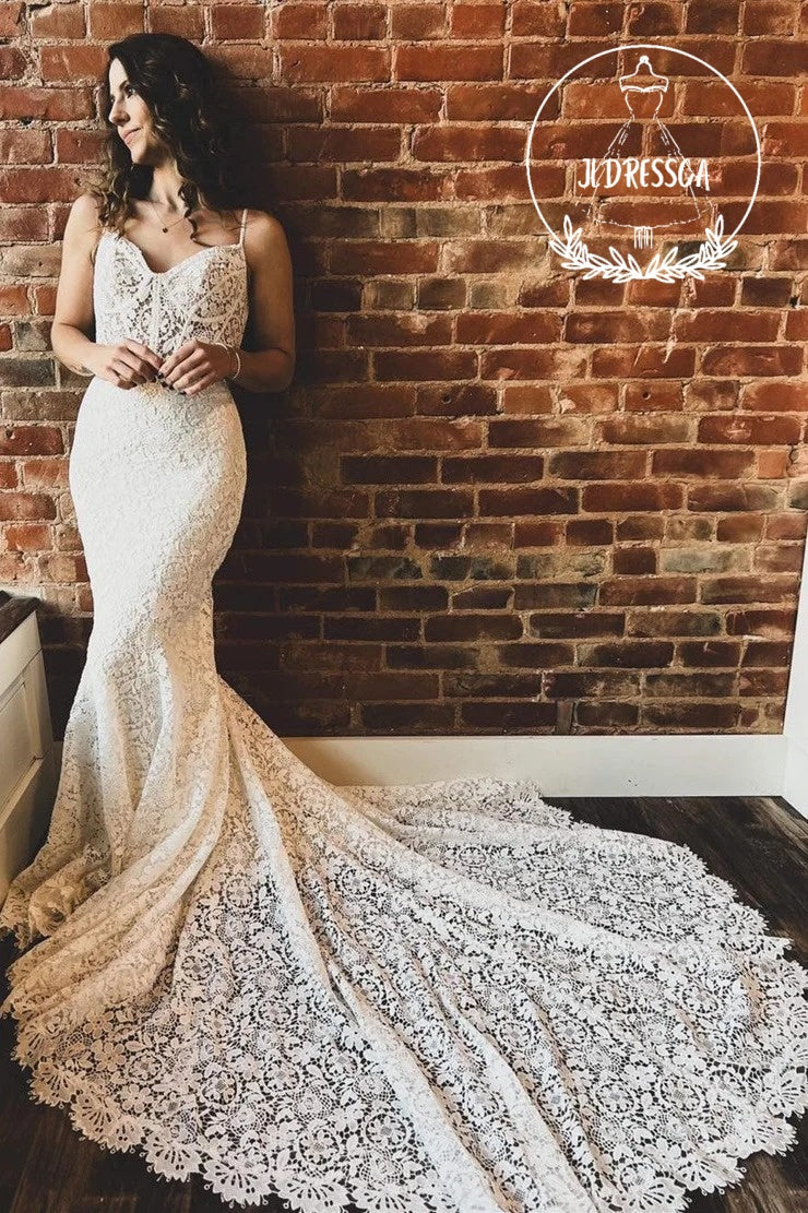 Off White Sweetheart Trumpet Long Lace Wedding Dress, WD25037