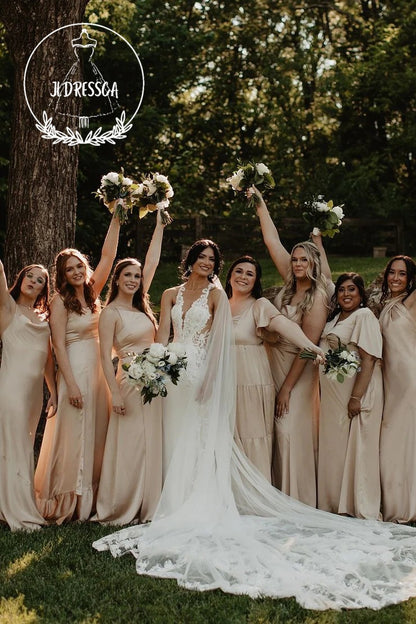 Stunning Long Mermaid Satin Wedding Dresses with V - Neck and Appliques, WD25017