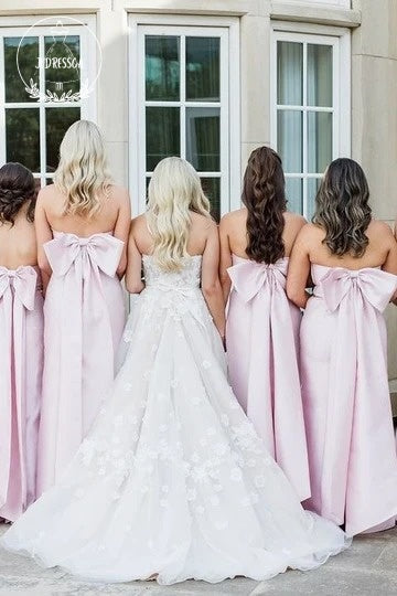 Pink Elegant Sheath Square Neck Satin Bridesmaid Dresses with Bow, BD25027