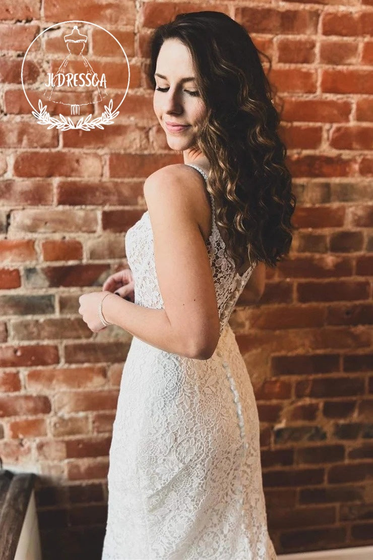 Off White Sweetheart Trumpet Long Lace Wedding Dress, WD25037