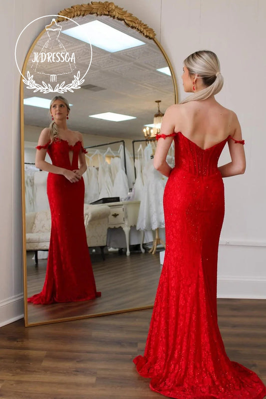 Red Off the Shoulder Mermaid Lace Long Prom Dress with Beads, PD25907