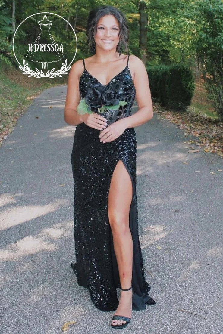 Black Sparkly Mermaid Long Mirror Prom Dress With Slit, PD25917