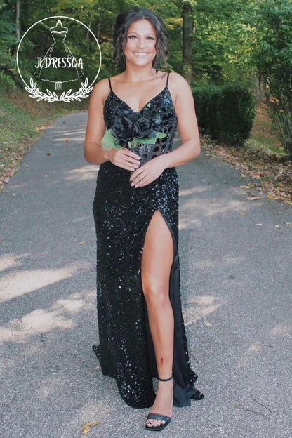 Black Sparkly Mermaid Long Mirror Prom Dress With Slit, PD25917