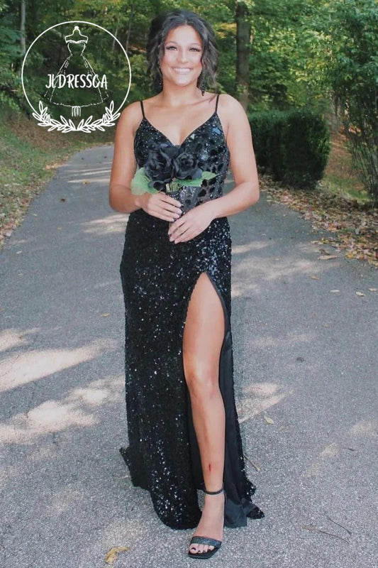 Black Sparkly Mermaid Long Mirror Prom Dress With Slit, PD25917