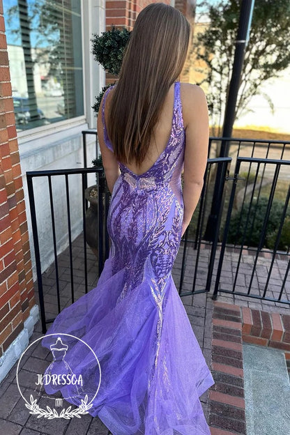 Purple Long Mermaid Prom Dresses Featuring Sequin Lace and V - Neck, PD25957