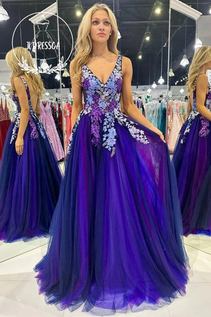 Purple Long Prom Dress with Tulle, V - Neck, Open Back and Appliques, PD25967