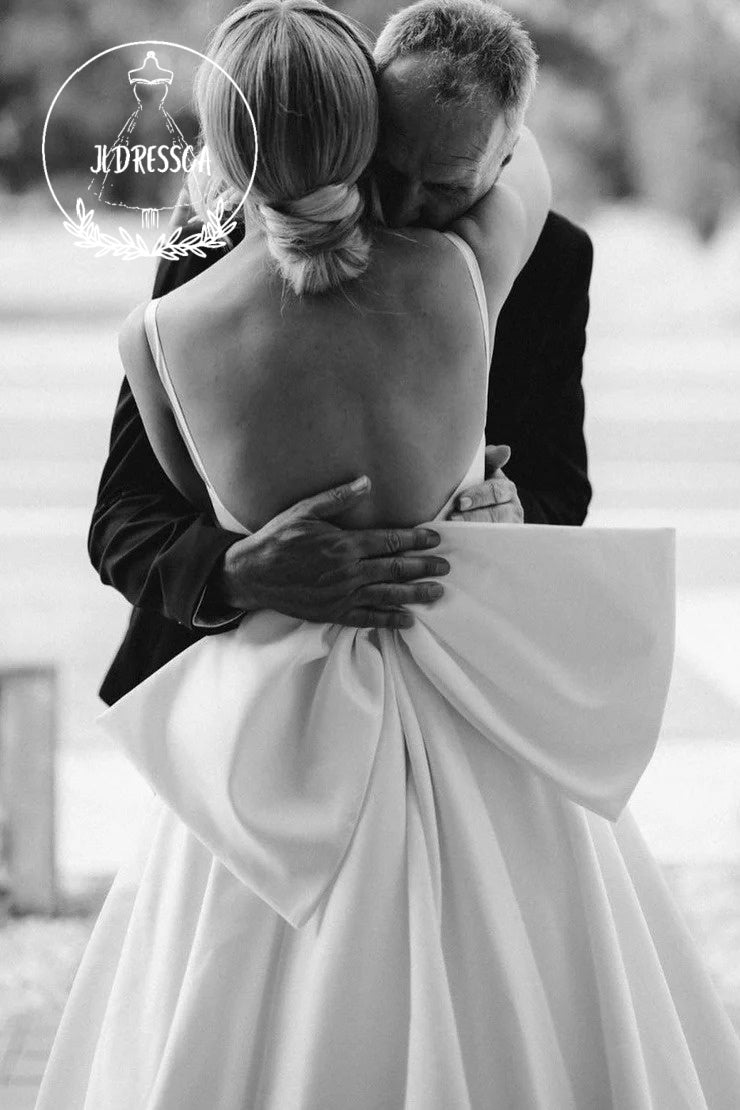 White A-Line Scoop Neck Satin Wedding Dress with Bow, WD25027