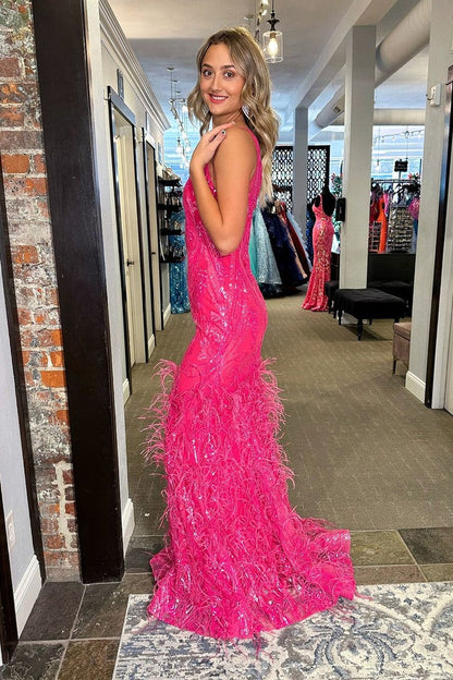 V Neck Mermaid Fuchsia Sequins Long Prom Dress with Feather, PD25134