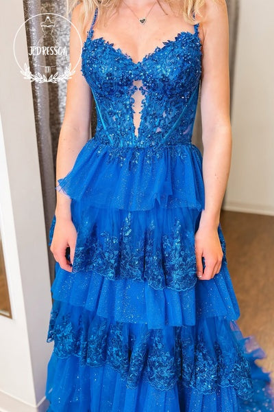Royal Blue Sweetheart A - Line Ruffle Tiered Long Prom Dress with Appliques, PD25828