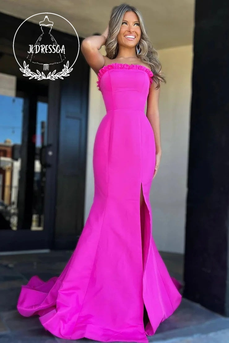 Magenta Strapless Ruffle Mermaid Long Prom Dress with Slit, PD25858