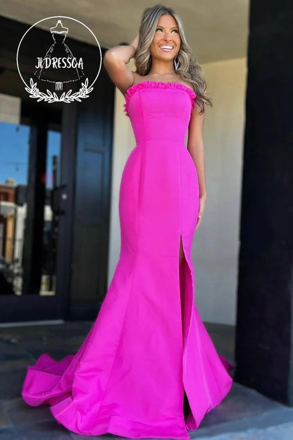 Magenta Strapless Ruffle Mermaid Long Prom Dress with Slit, PD25858
