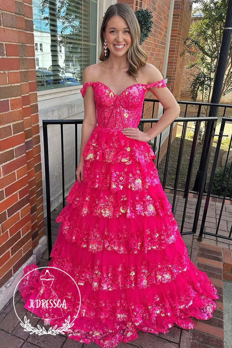 Hot Pink Long Tiered Off the Shoulder Prom Dresses with Sequin Lace, PD25958