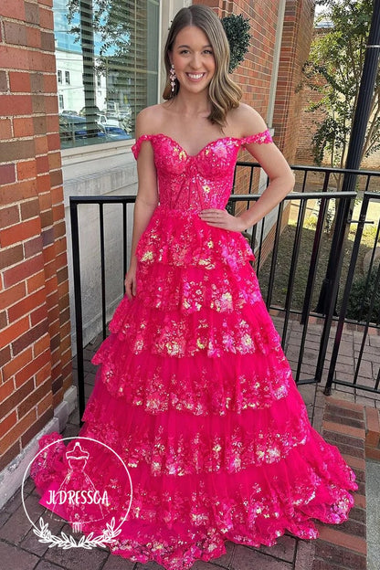 Hot Pink Long Tiered Off the Shoulder Prom Dresses with Sequin Lace, PD25958