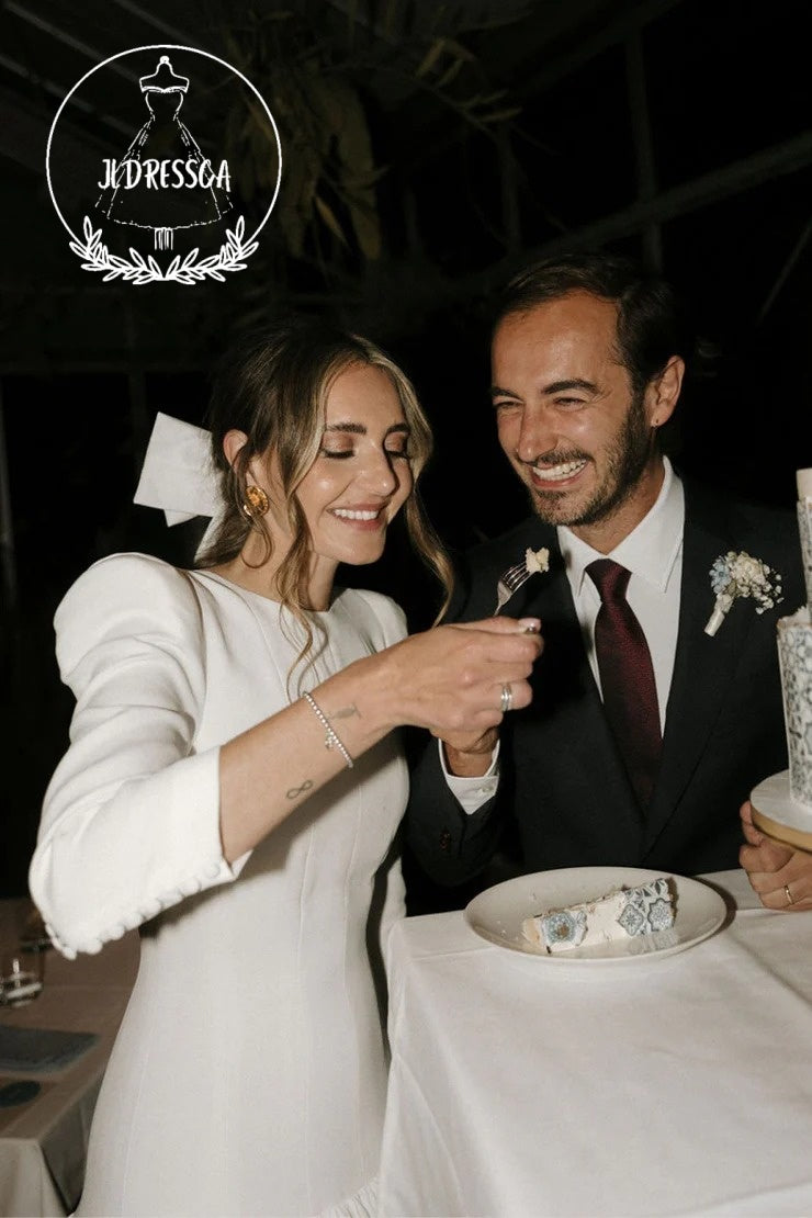 Vintage Long A-Line Satin Wedding Dress with Round Neck and Long Sleeves, WD25018