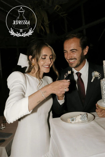 Vintage Long A-Line Satin Wedding Dress with Round Neck and Long Sleeves, WD25018