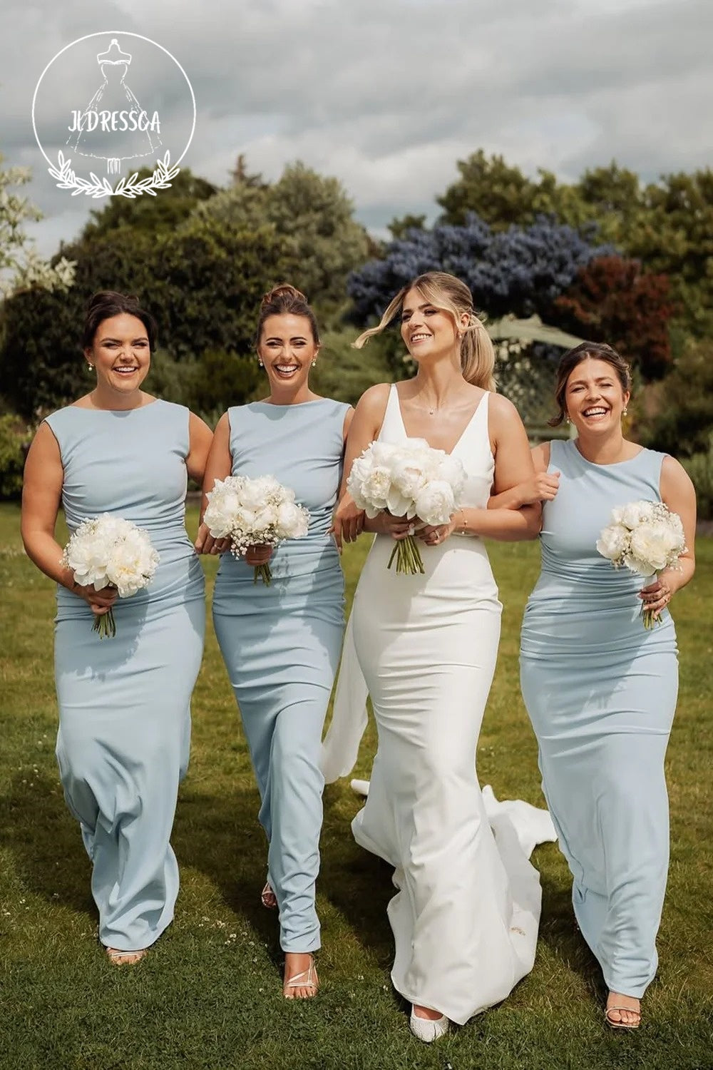 Elastic Sheath Mermaid Boat Neck Satin Bridesmaid Dress, BD25038