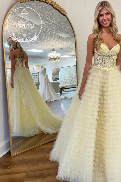 Yellow Sweetheart Ruffle Tiered Long A-Line Prom Dress with Appliques, PD25968
