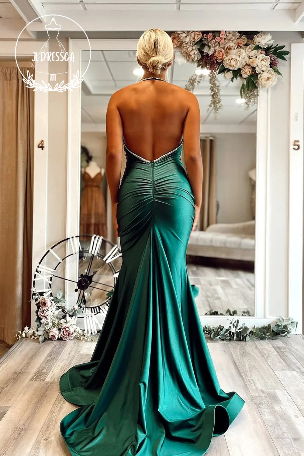 Dark Green Halter Mermaid Satin Long Prom Dress with Beadings, PD25838