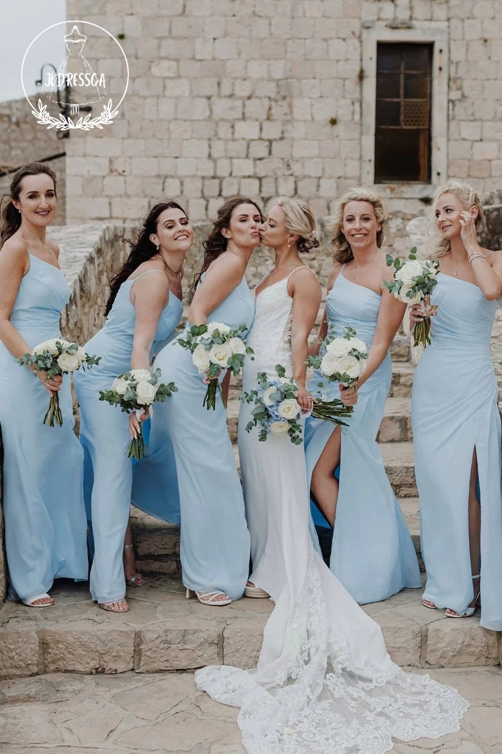 Light Blue Sheath One Shoulder Simple Chiffon Slit Bridesmaid Dress, BD25028