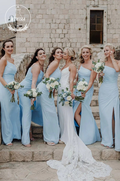 Light Blue Sheath One Shoulder Simple Chiffon Slit Bridesmaid Dress, BD25028