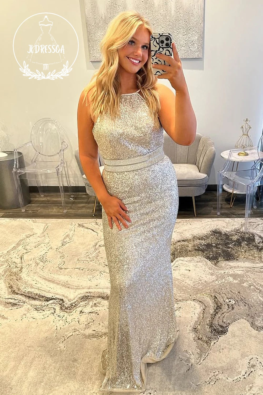 Silver Halter Mermaid Sequins Long Prom Dress, PD25888