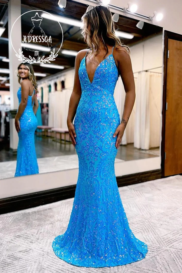 Blue Long Sequin Lace Prom Dresses with V Neck, PD25948