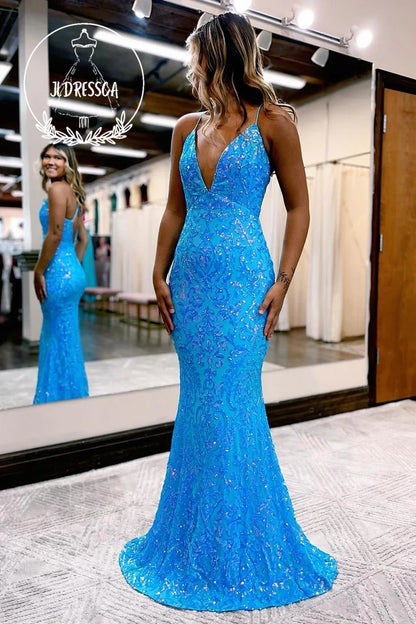 Blue Long Sequin Lace Prom Dresses with V Neck, PD25948